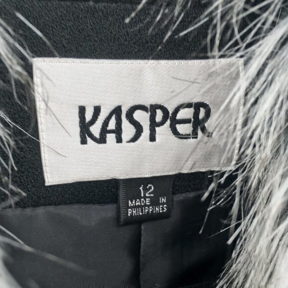VTG Kasper 100% Wool Removeable Faux Fur Collar Blazer/Light Jacket 12 Black/Tan - Picture 3 of 16